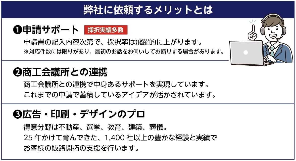 弊社に依頼するメリットとは、1申請サポート・採択実績多数、商工会議所との連携、広告・印刷・デザインのプロ